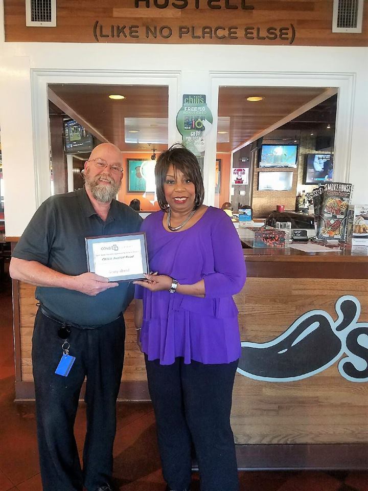 Chili's community award received from Cobb Chamber of Commerece